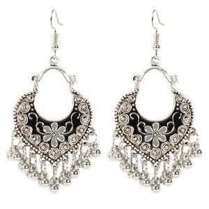 Bohemian Black flower, Carved Tassel Earrings